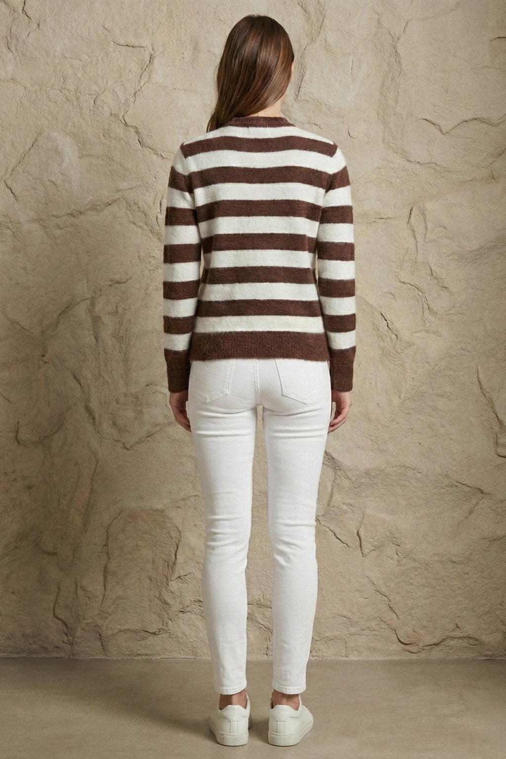 Kadın Çizgili Bisiklet Yaka Yumuşak Triko Kazak | QUEENDA