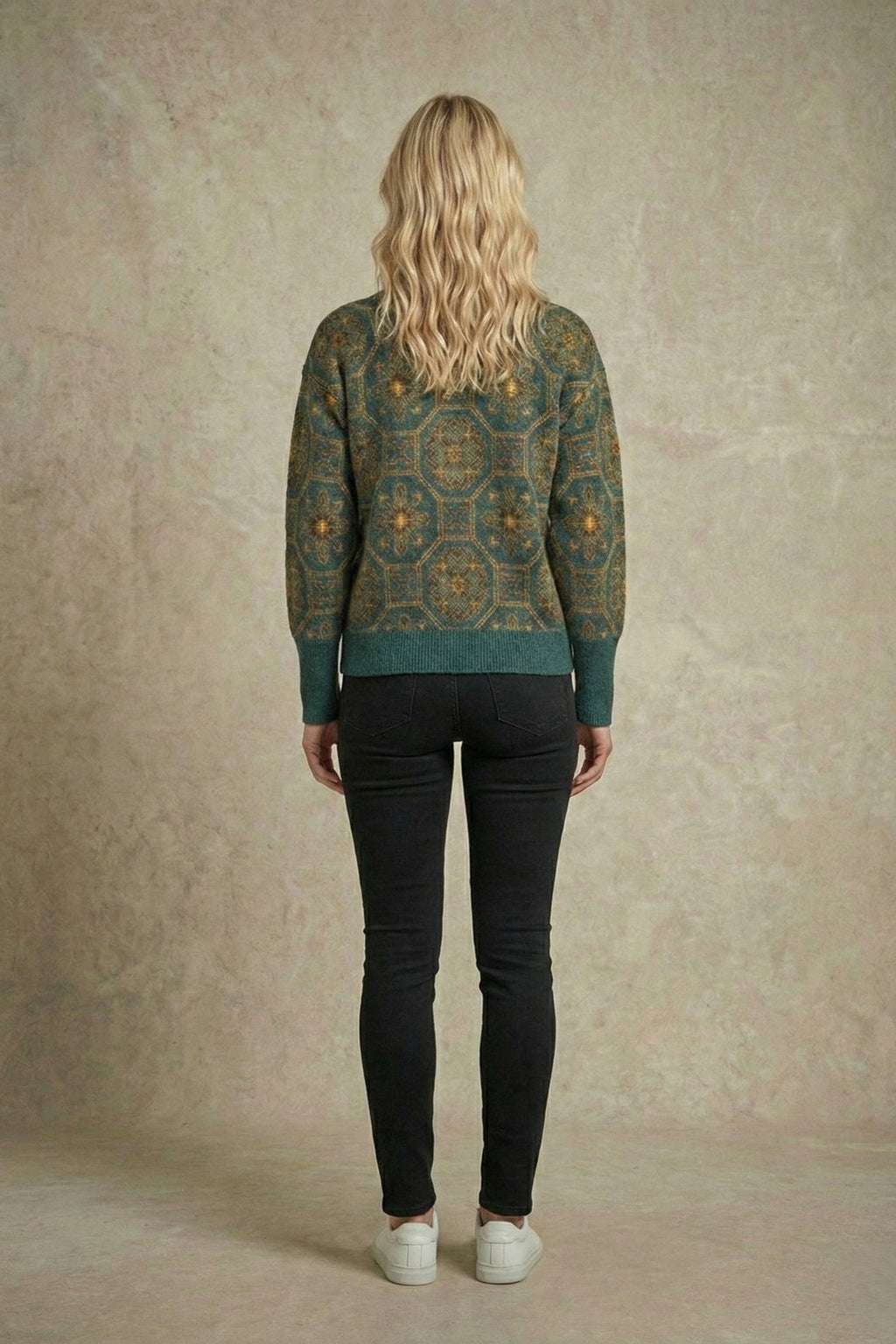 Kadın Retro Desenli Oversize Triko Kazak | QUEENDA