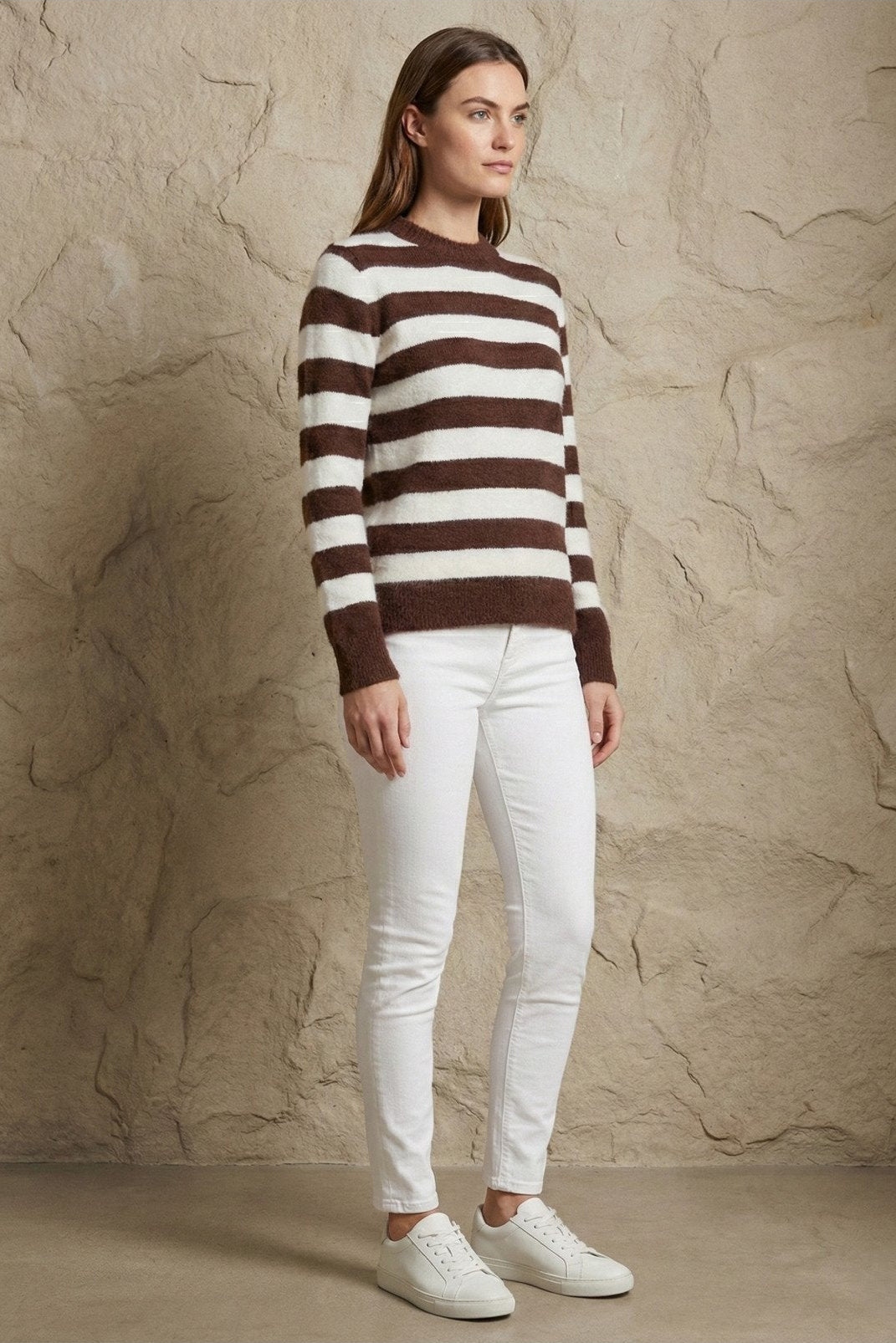 Kadın Çizgili Bisiklet Yaka Yumuşak Triko Kazak | QUEENDA