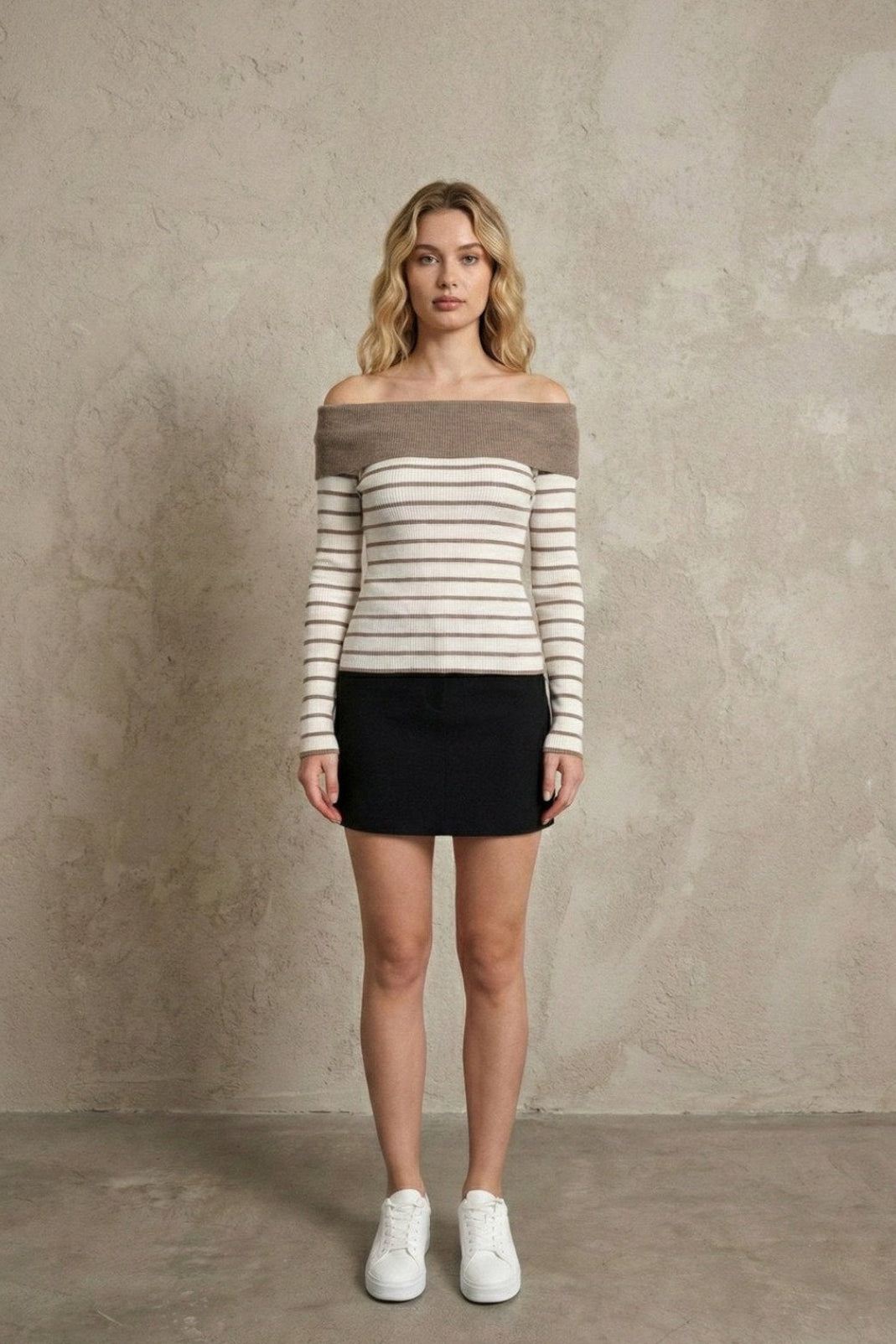 Kadın Off-the-shoulder Çizgili Rib Triko Bluz | QUEENDA