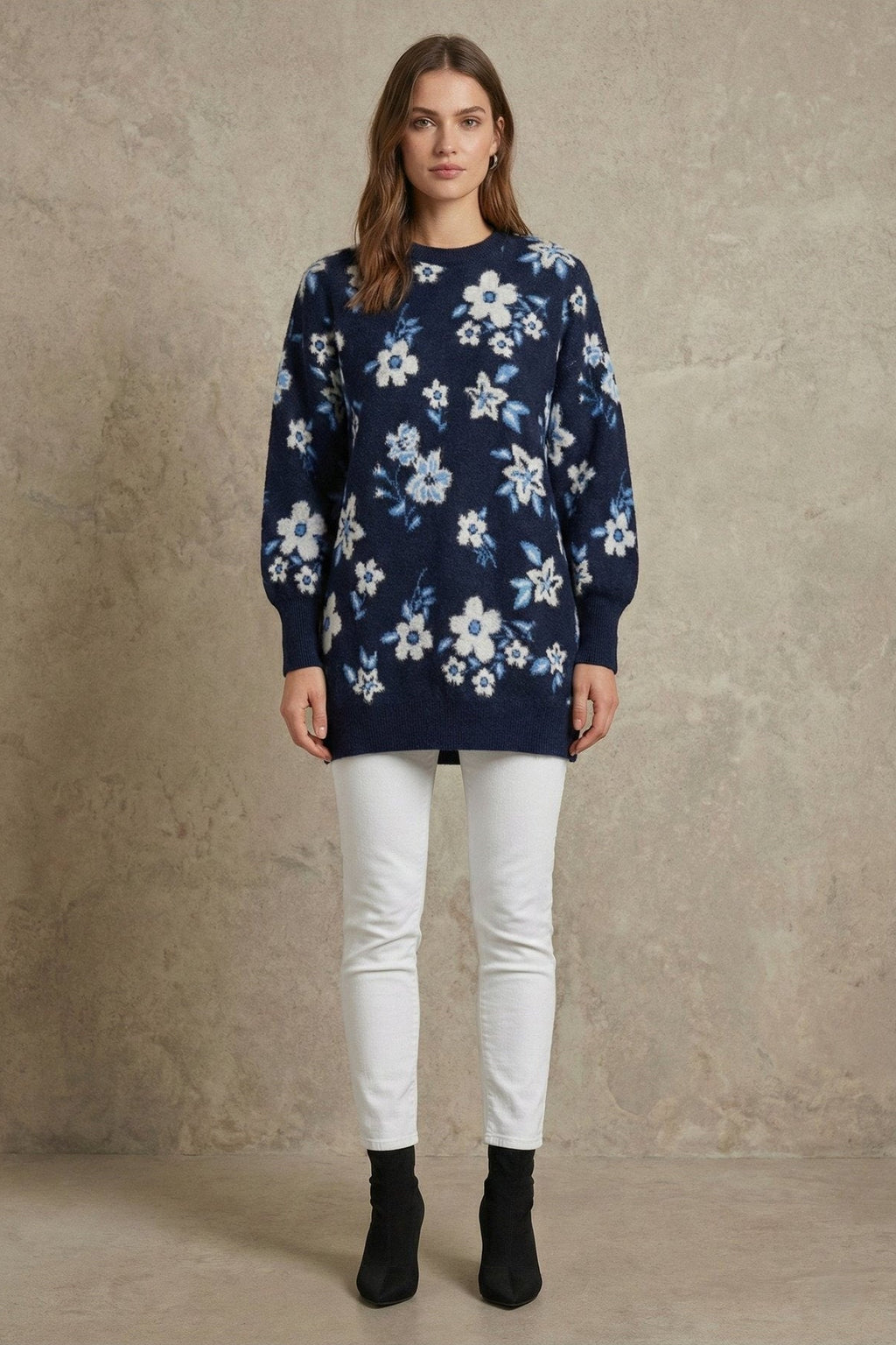 Kadın Çiçek Desenli Oversize Tunik Triko Kazak | QUEENDA