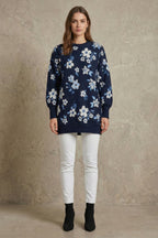 Kadın Çiçek Desenli Oversize Tunik Triko Kazak | QUEENDA