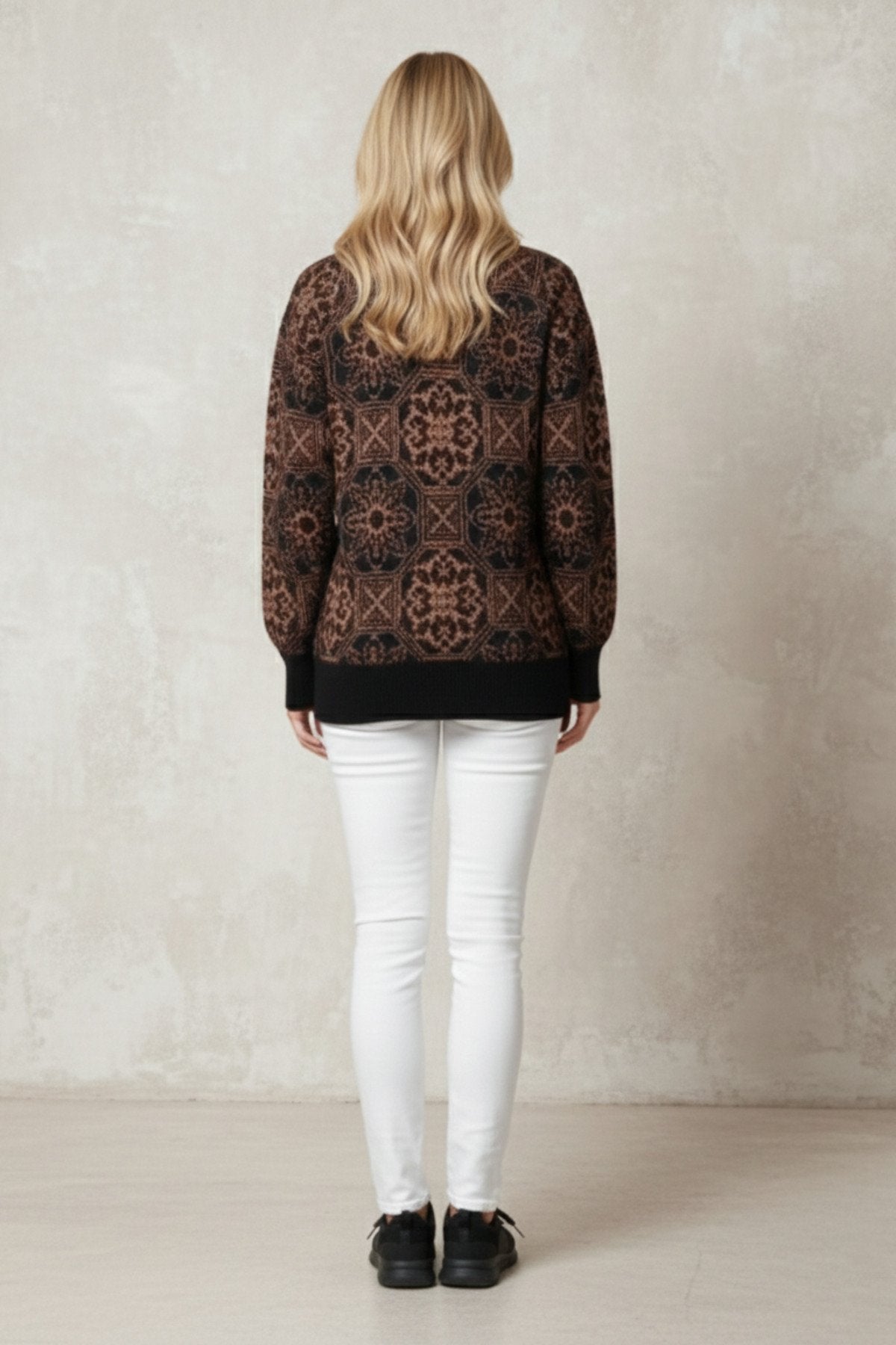 Kadın Retro Desenli Oversize Triko Kazak | QUEENDA