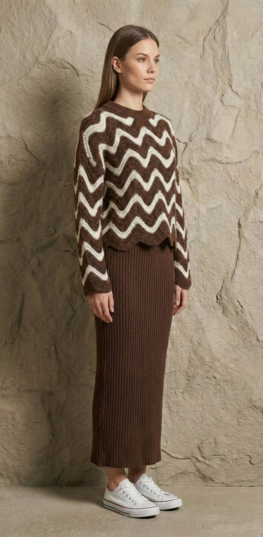 Dalgalı Desenli Triko Kazak ve Fitilli Askılı Midi Elbise İkili Takım | QUEENDA