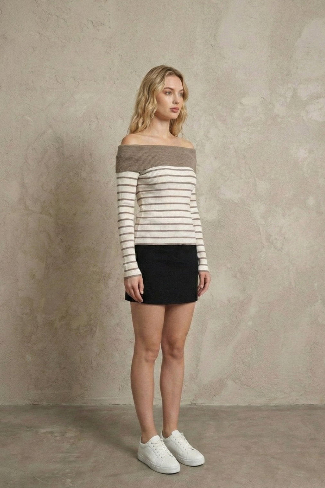 Kadın Off-the-shoulder Çizgili Rib Triko Bluz | QUEENDA