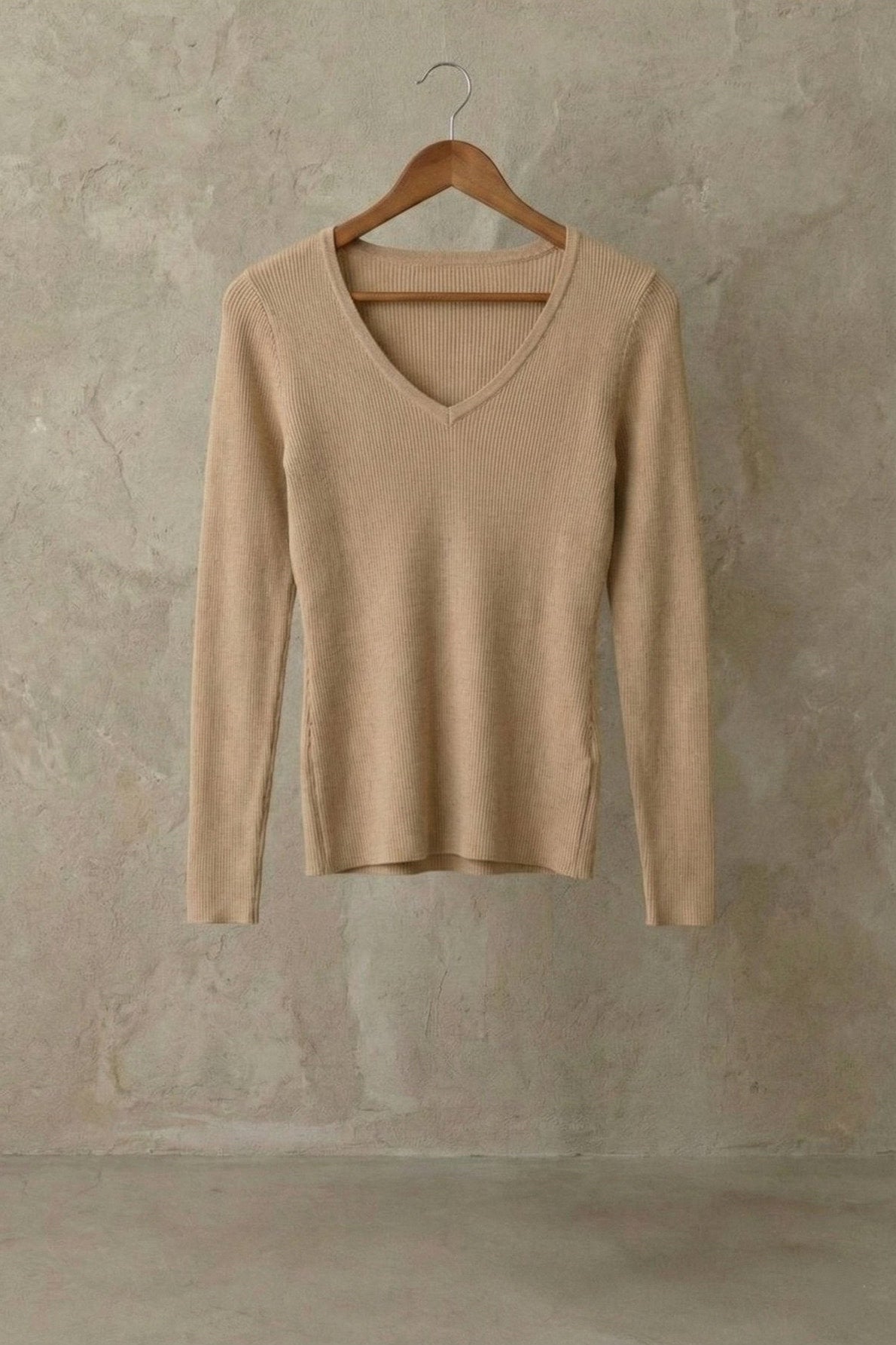 Kadın V Yaka Uzun Kollu Rib Basic Bluz | QUEENDA