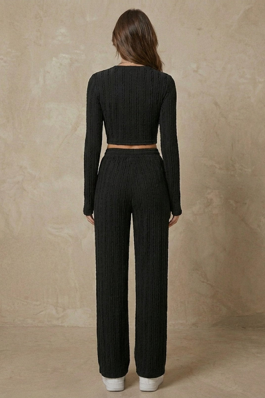 Kadın Fitilli Uzun Kollu Parmak Geçmeli Crop Üst & Geniş Paça Pantolon Takım | QUEENDA