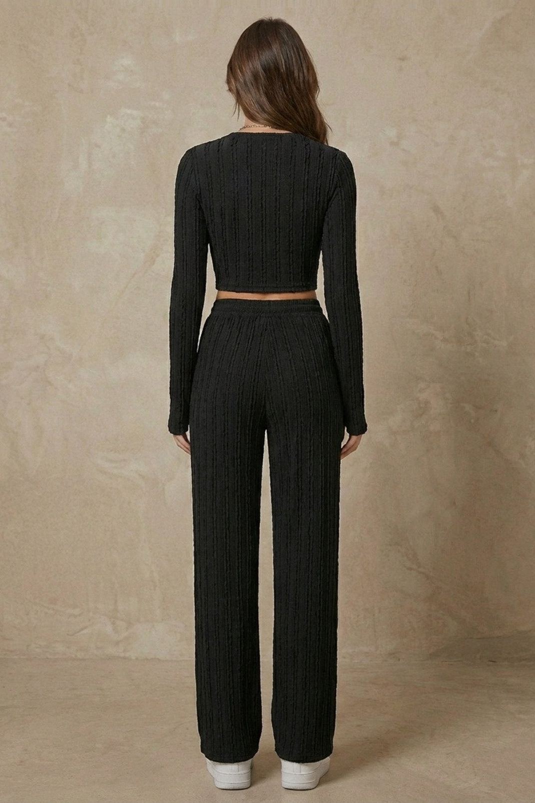 Kadın Fitilli Uzun Kollu Parmak Geçmeli Crop Üst & Geniş Paça Pantolon Takım | QUEENDA