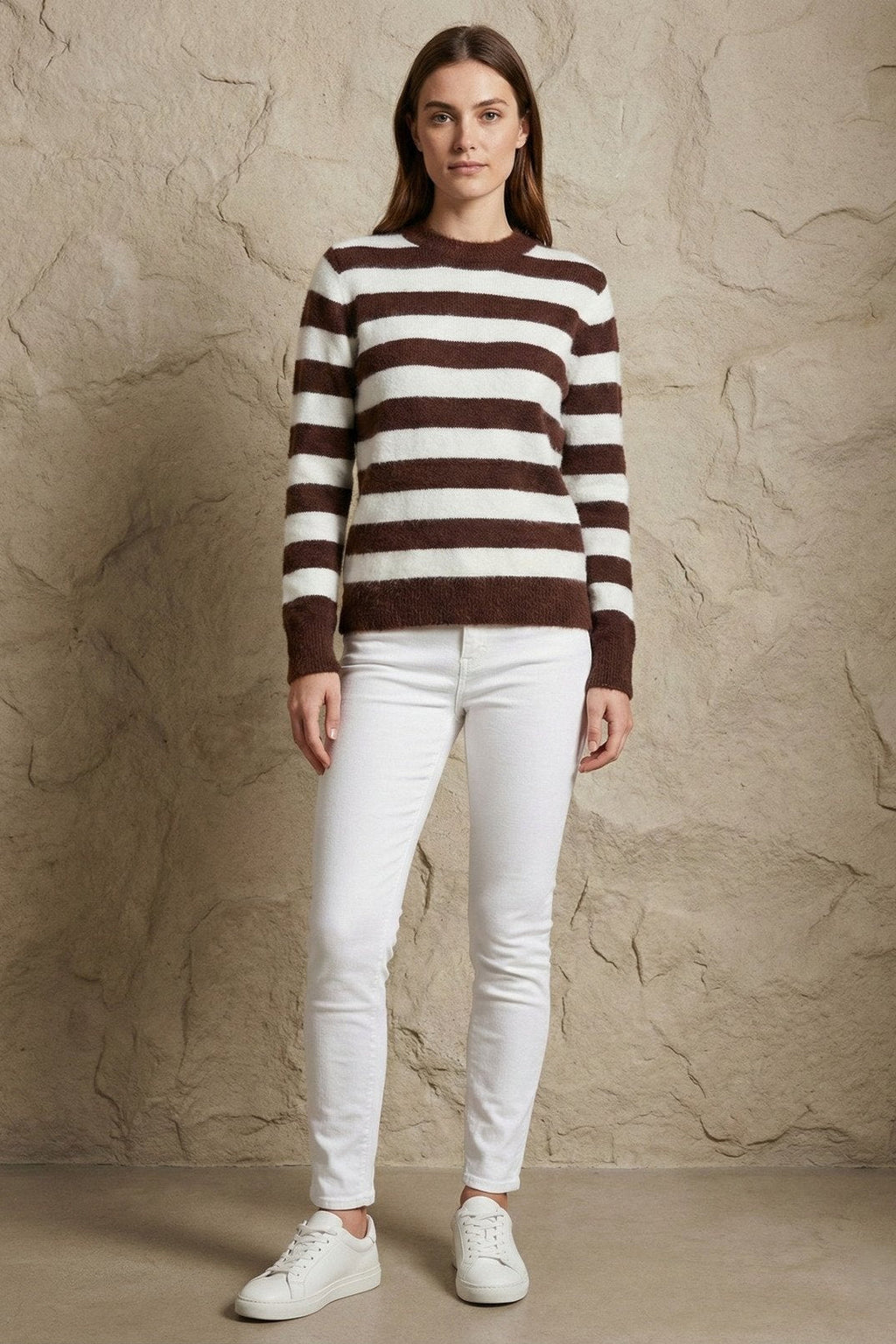 Kadın Çizgili Bisiklet Yaka Yumuşak Triko Kazak | QUEENDA