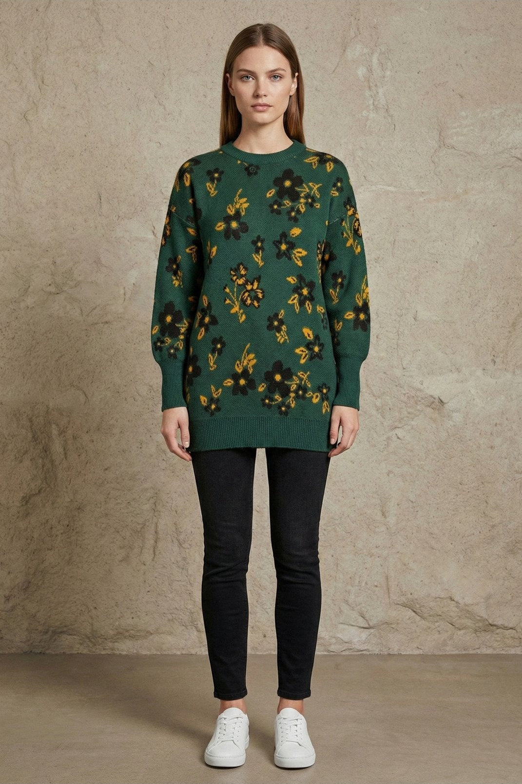 Kadın Çiçek Desenli Oversize Tunik Triko Kazak | QUEENDA