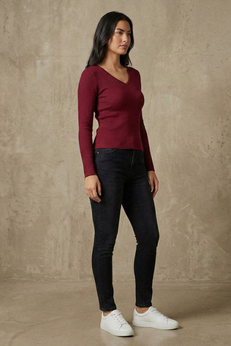 Kadın V Yaka Uzun Kollu Rib Basic Bluz | QUEENDA