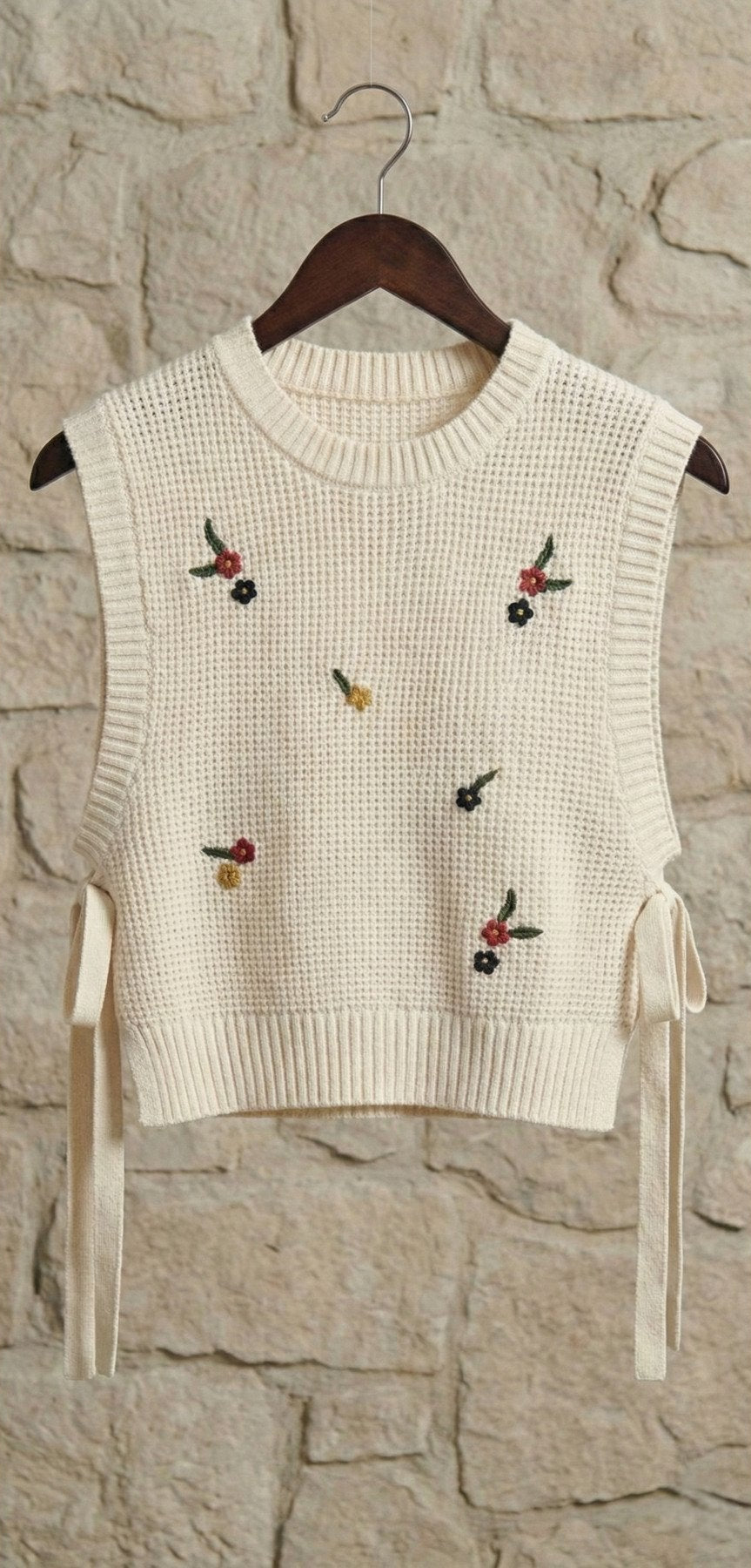 Çiçek Nakışlı Yanları Bağcıklı Bisiklet Yaka Triko Süveter | QUEENDA