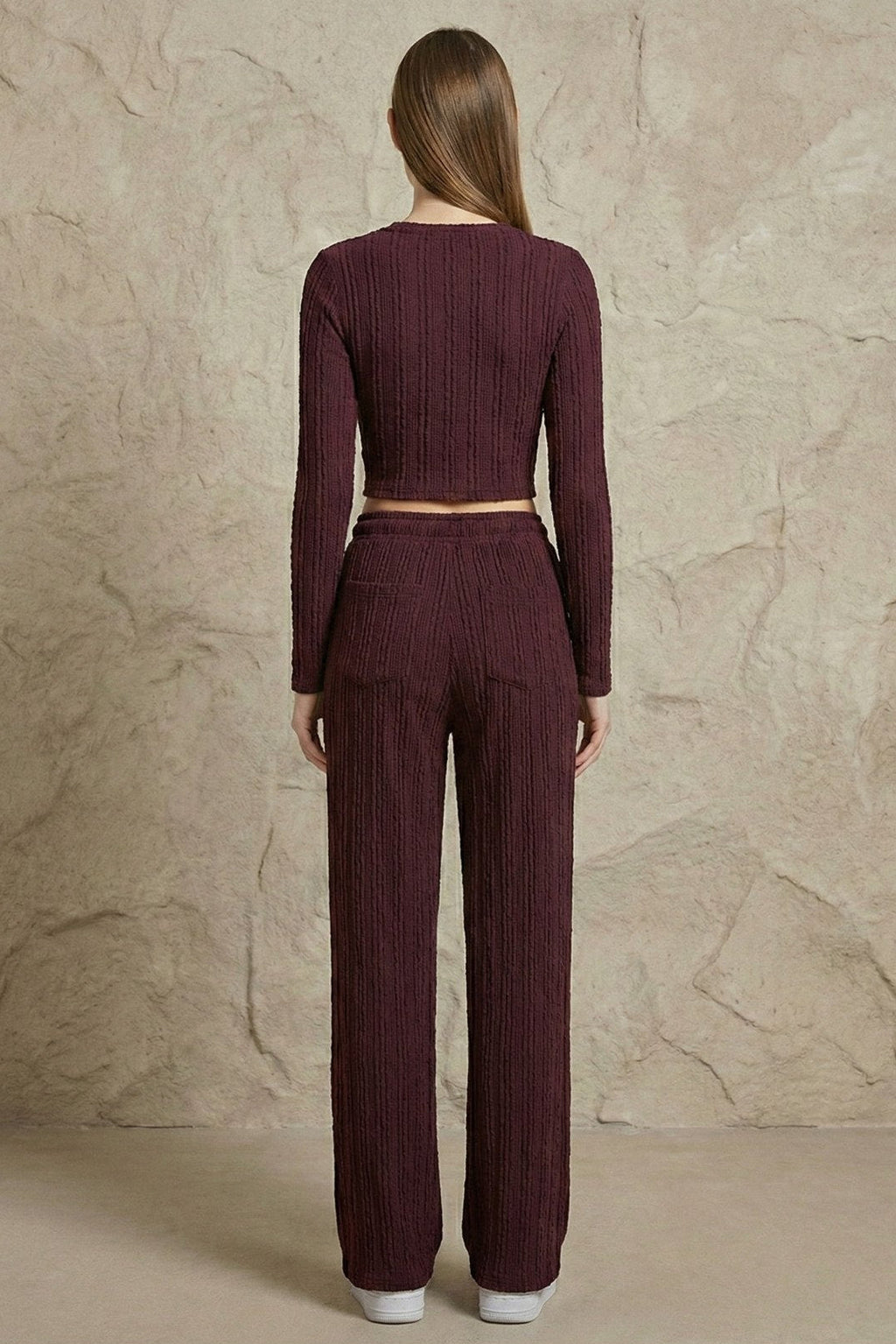 Kadın Fitilli Uzun Kollu Parmak Geçmeli Crop Üst & Geniş Paça Pantolon Takım | QUEENDA