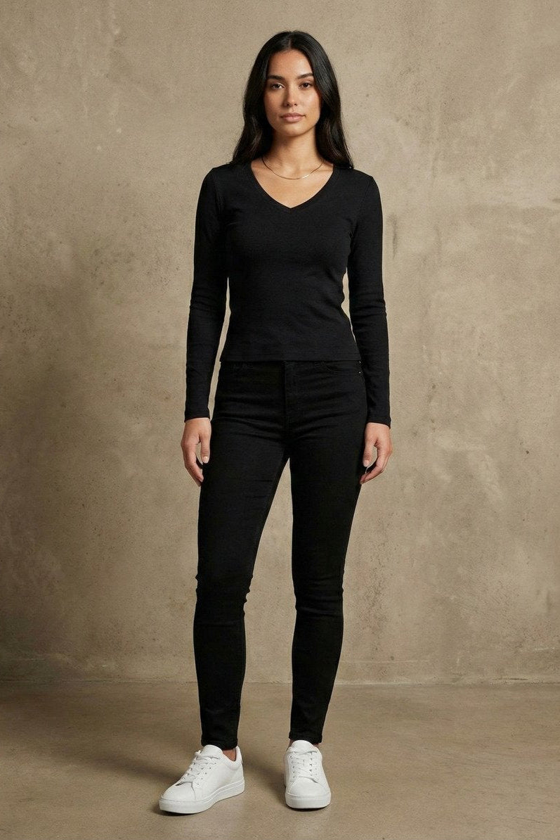 Kadın V Yaka Uzun Kollu Rib Basic Bluz | QUEENDA