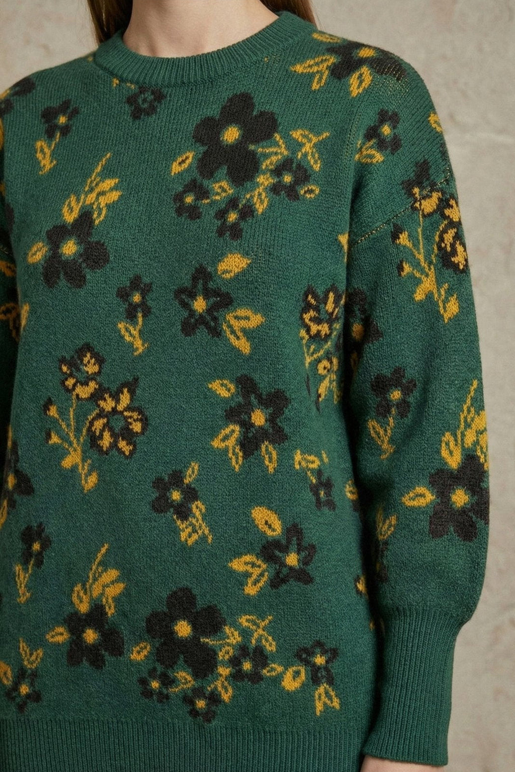 Kadın Çiçek Desenli Oversize Tunik Triko Kazak | QUEENDA