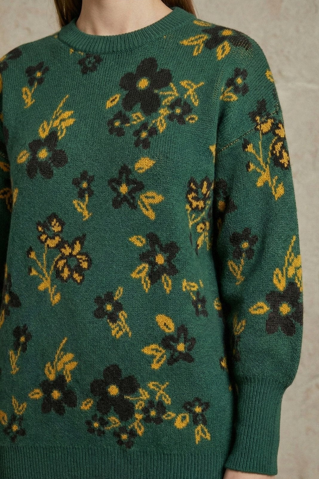 Kadın Çiçek Desenli Oversize Tunik Triko Kazak | QUEENDA