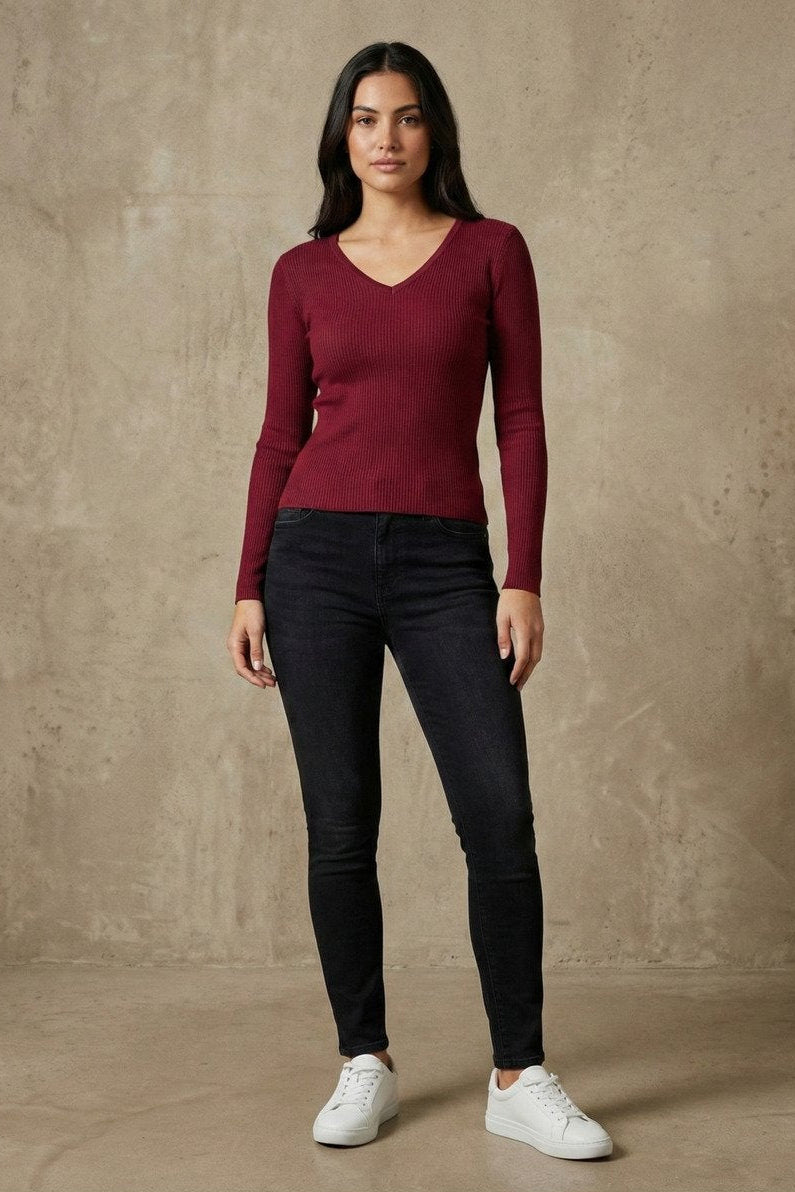 Kadın V Yaka Uzun Kollu Rib Basic Bluz | QUEENDA