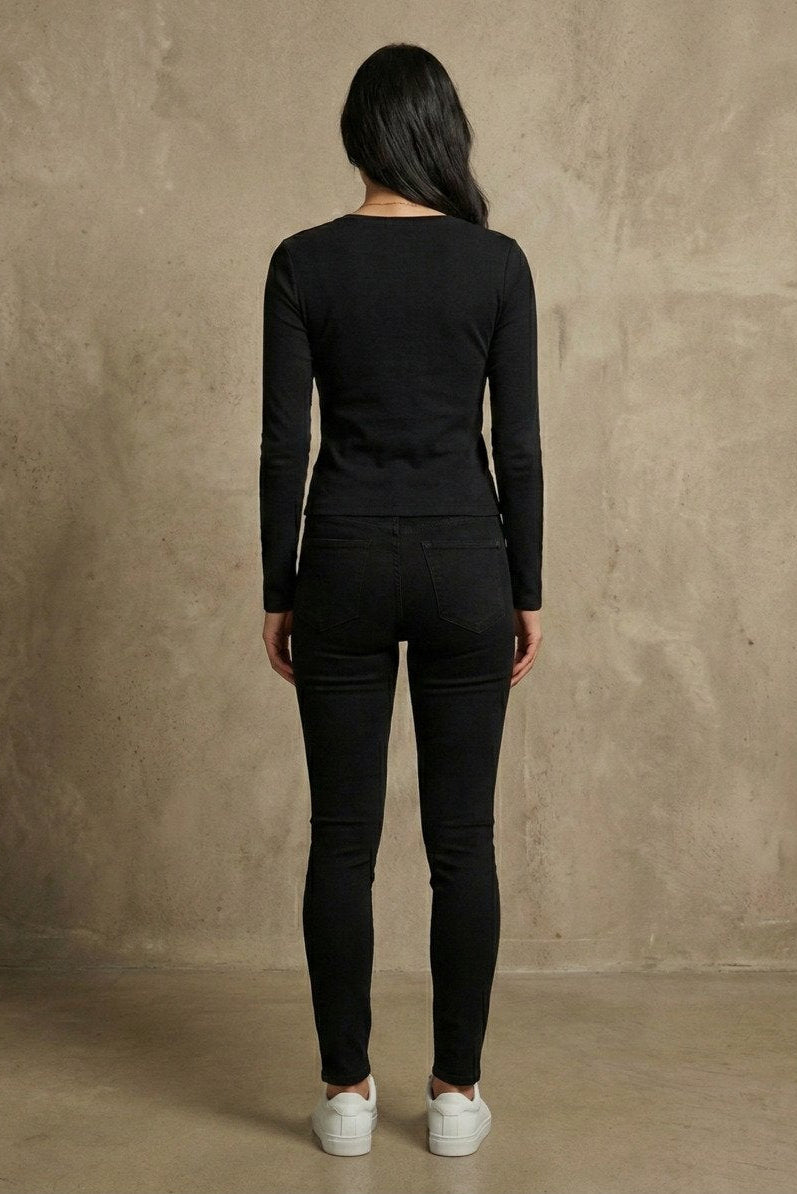 Kadın V Yaka Uzun Kollu Rib Basic Bluz | QUEENDA