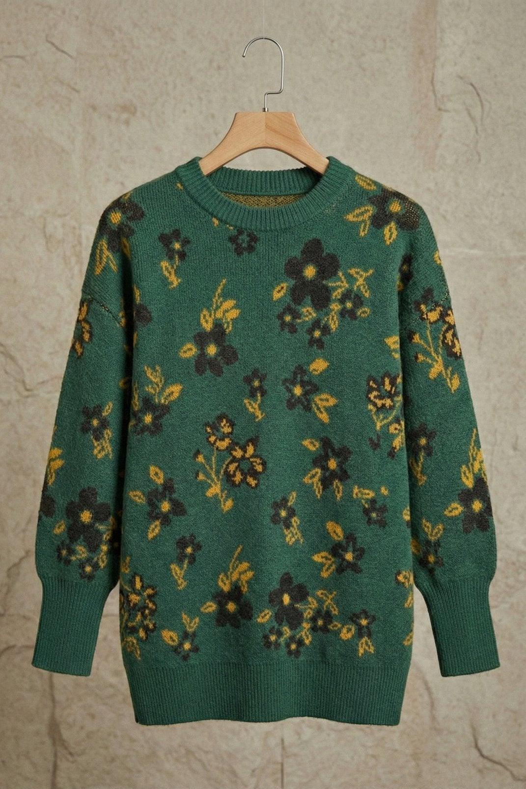 Kadın Çiçek Desenli Oversize Tunik Triko Kazak | QUEENDA