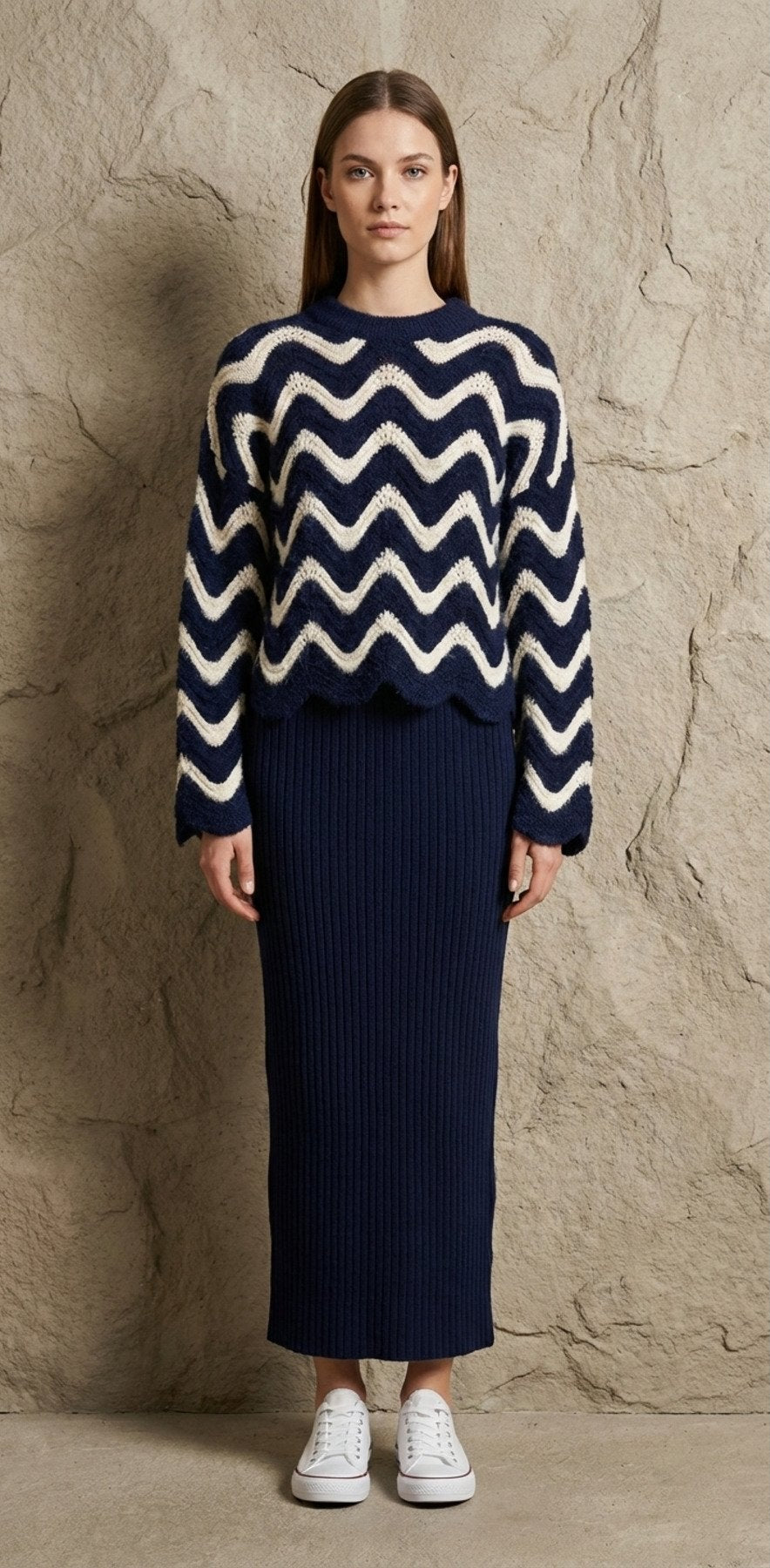 Dalgalı Desenli Triko Kazak ve Fitilli Askılı Midi Elbise İkili Takım | QUEENDA