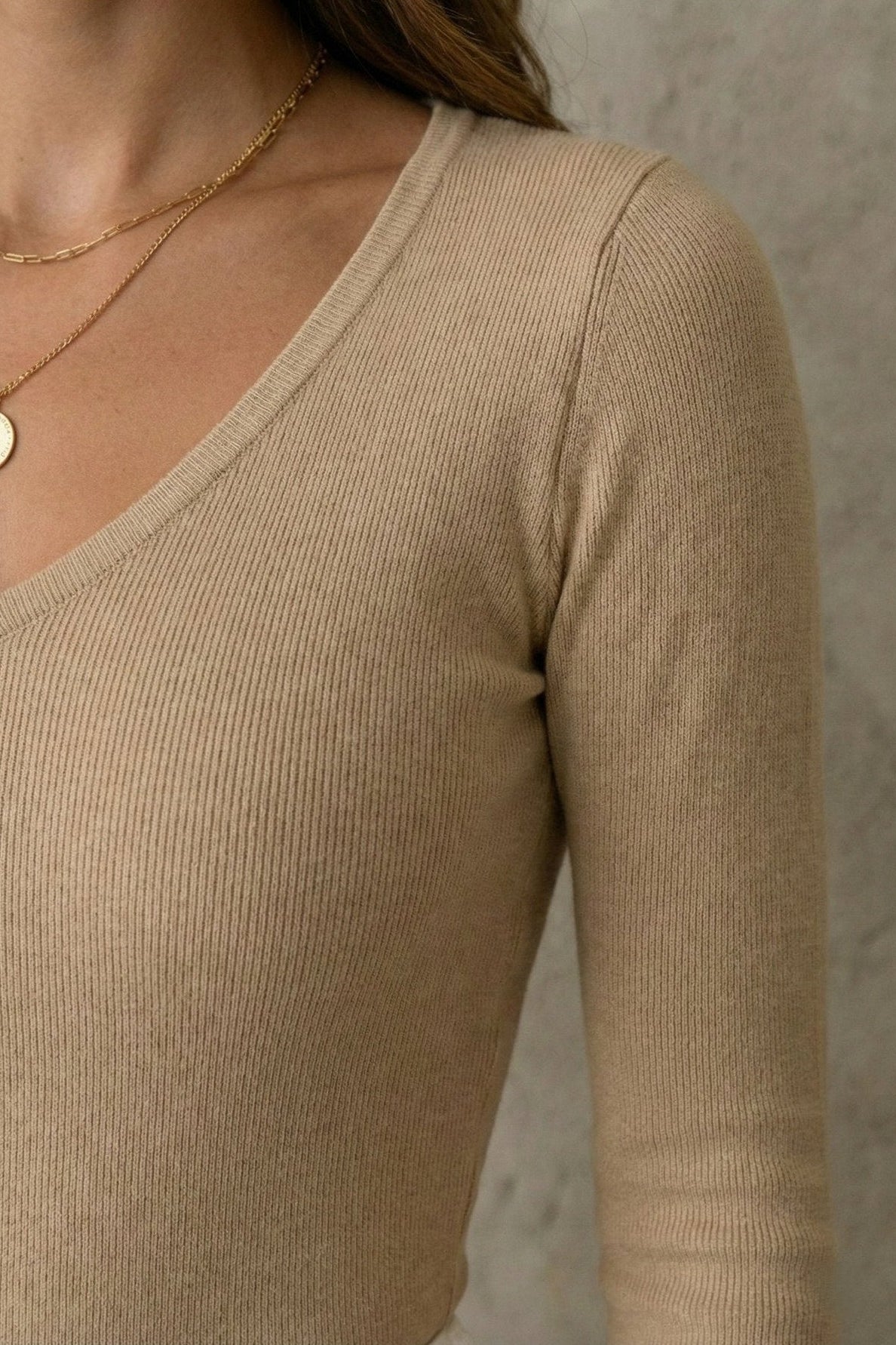 Kadın V Yaka Uzun Kollu Rib Basic Bluz | QUEENDA