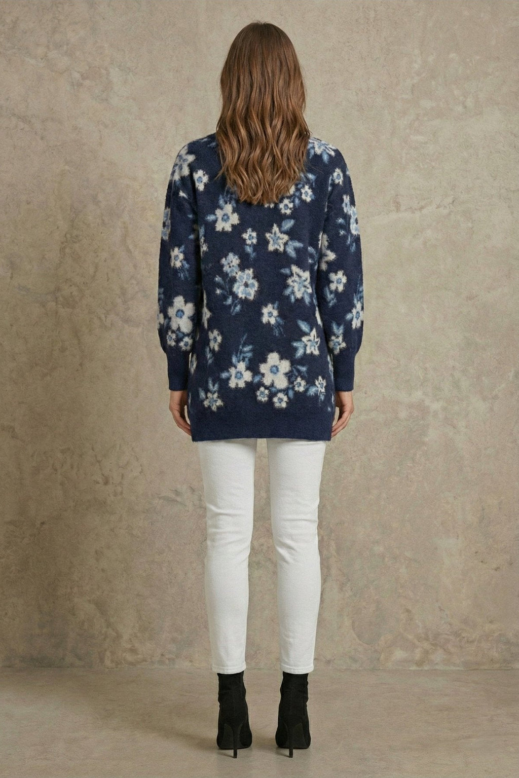 Kadın Çiçek Desenli Oversize Tunik Triko Kazak | QUEENDA