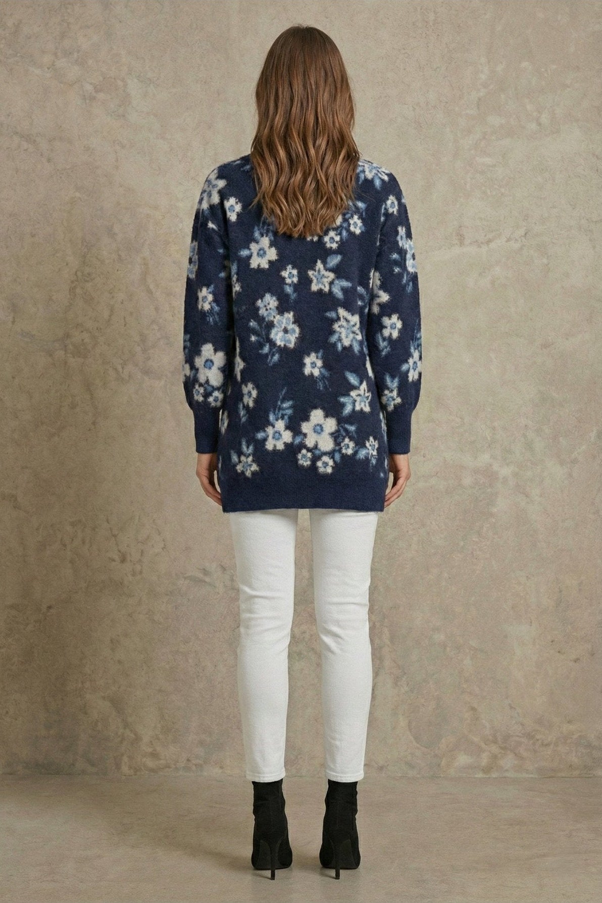 Kadın Çiçek Desenli Oversize Tunik Triko Kazak | QUEENDA