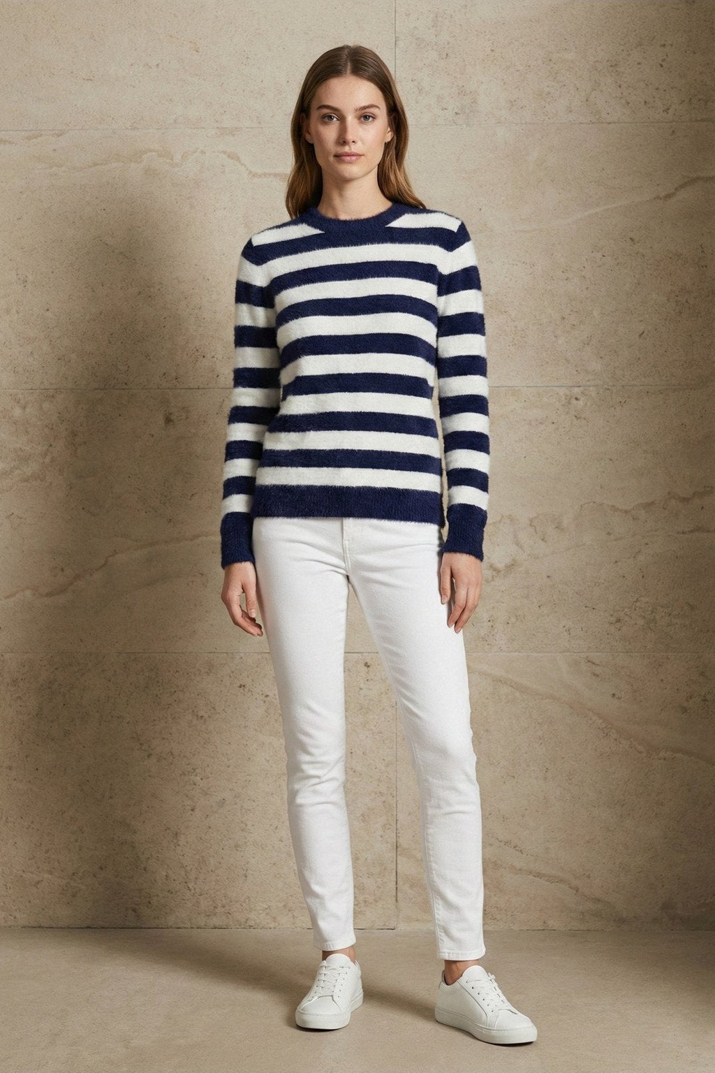 Kadın Çizgili Bisiklet Yaka Yumuşak Triko Kazak | QUEENDA