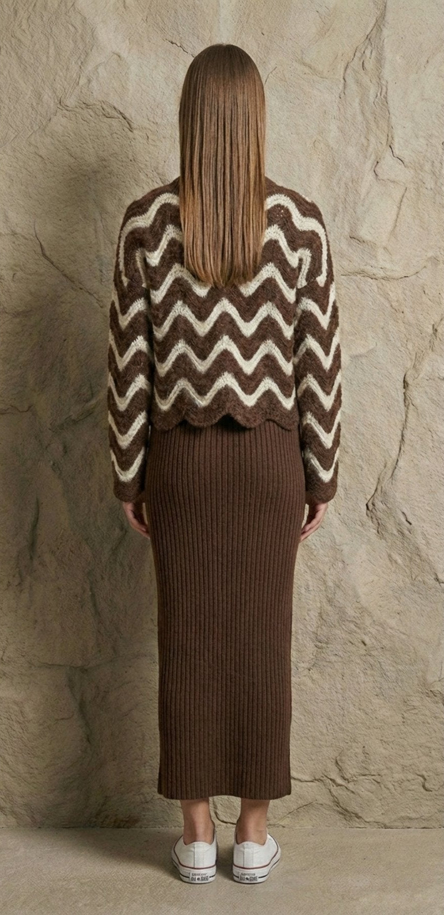 Dalgalı Desenli Triko Kazak ve Fitilli Askılı Midi Elbise İkili Takım | QUEENDA