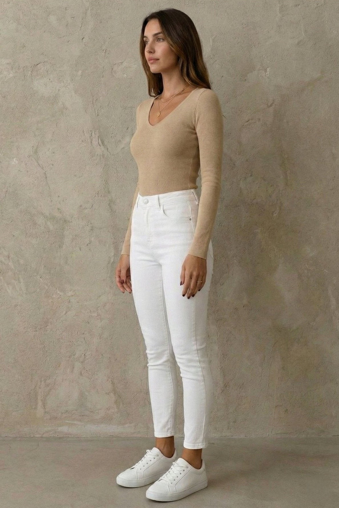 Kadın V Yaka Uzun Kollu Rib Basic Bluz | QUEENDA