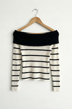 Kadın Off-the-shoulder Çizgili Rib Triko Bluz | QUEENDA