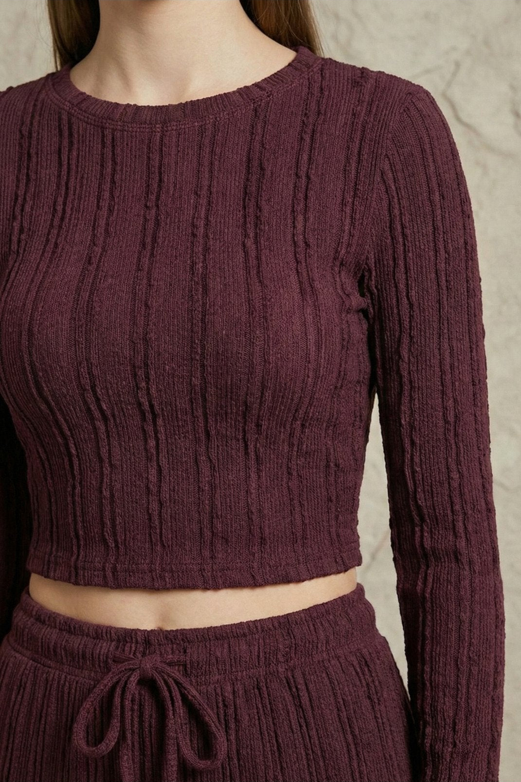 Kadın Fitilli Uzun Kollu Parmak Geçmeli Crop Üst & Geniş Paça Pantolon Takım | QUEENDA