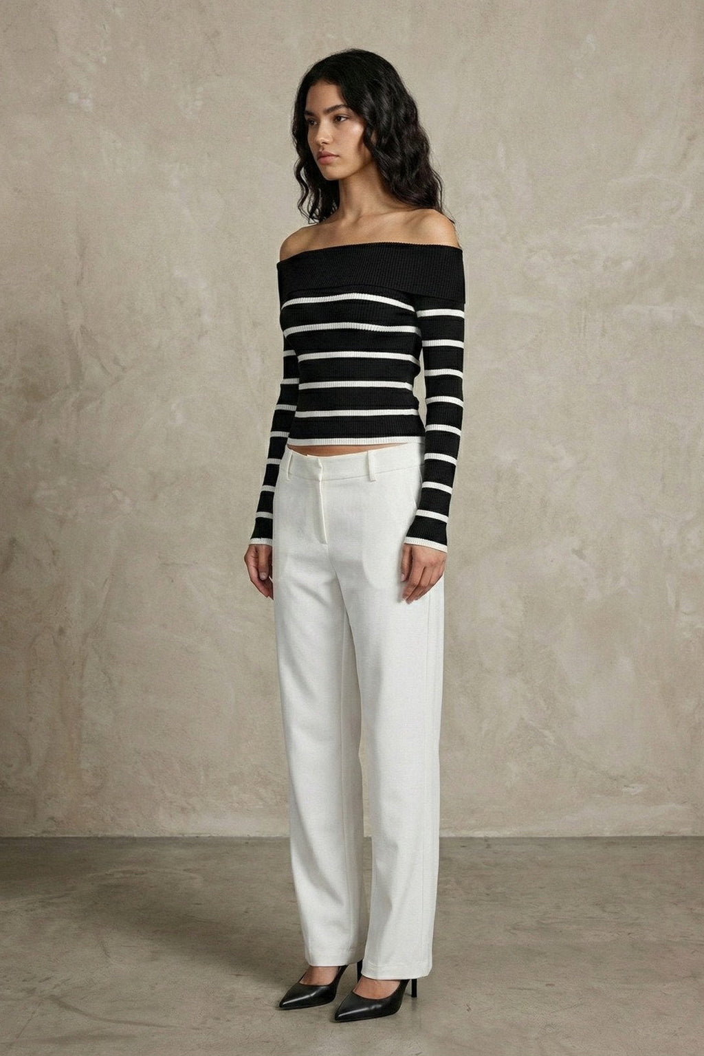 Kadın Off-the-shoulder Çizgili Rib Triko Bluz | QUEENDA