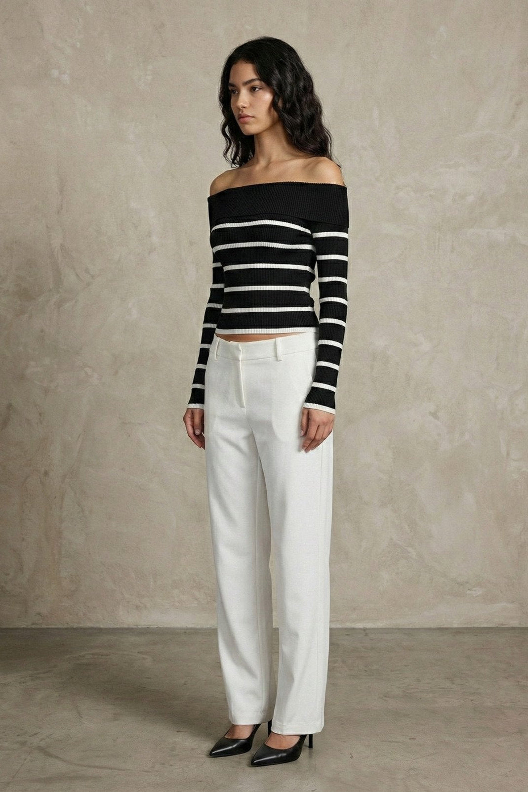 Kadın Off-the-shoulder Çizgili Rib Triko Bluz | QUEENDA