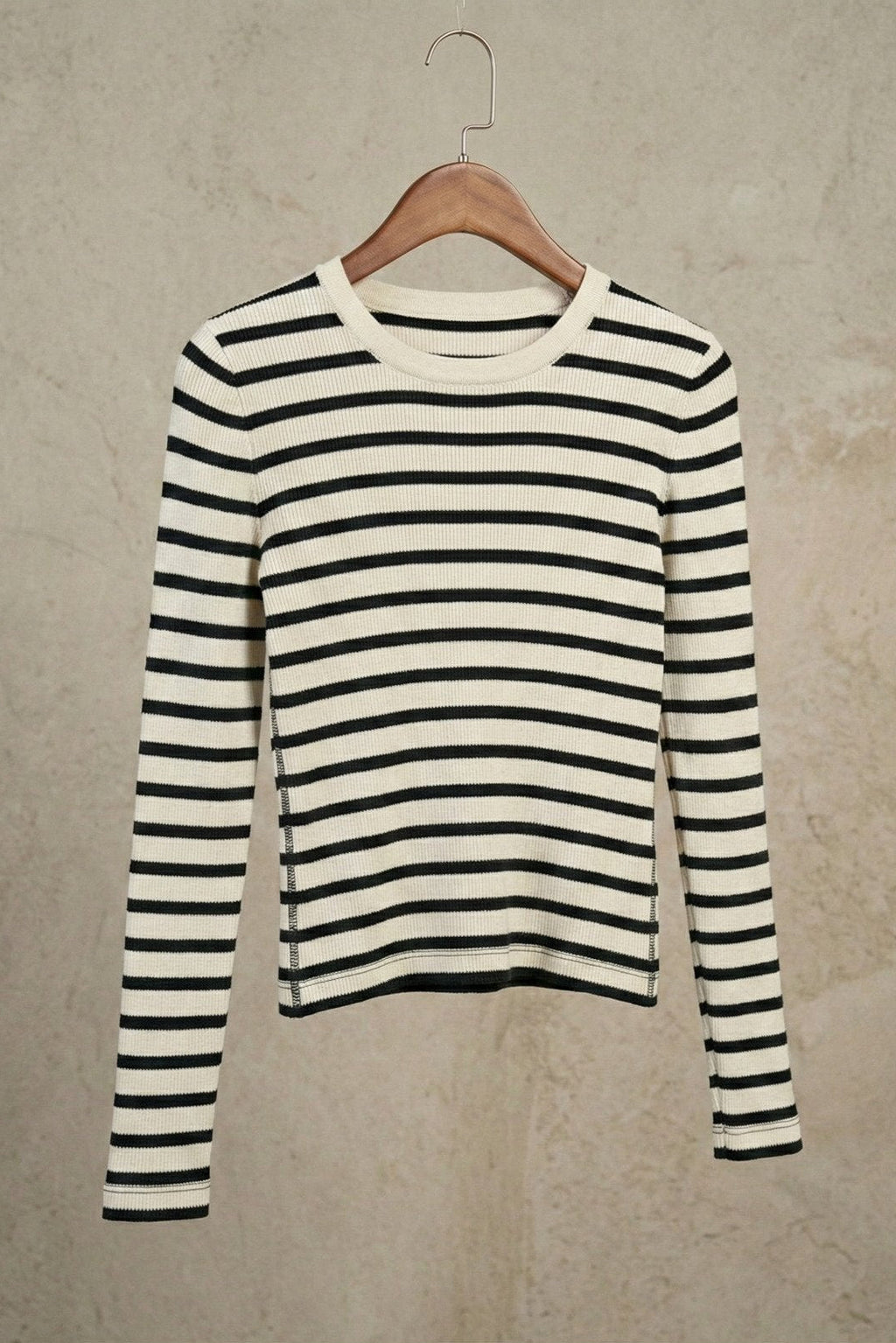 Kadın Parmak Geçmeli Çizgili Uzun Kollu Rib Bluz | QUEENDA