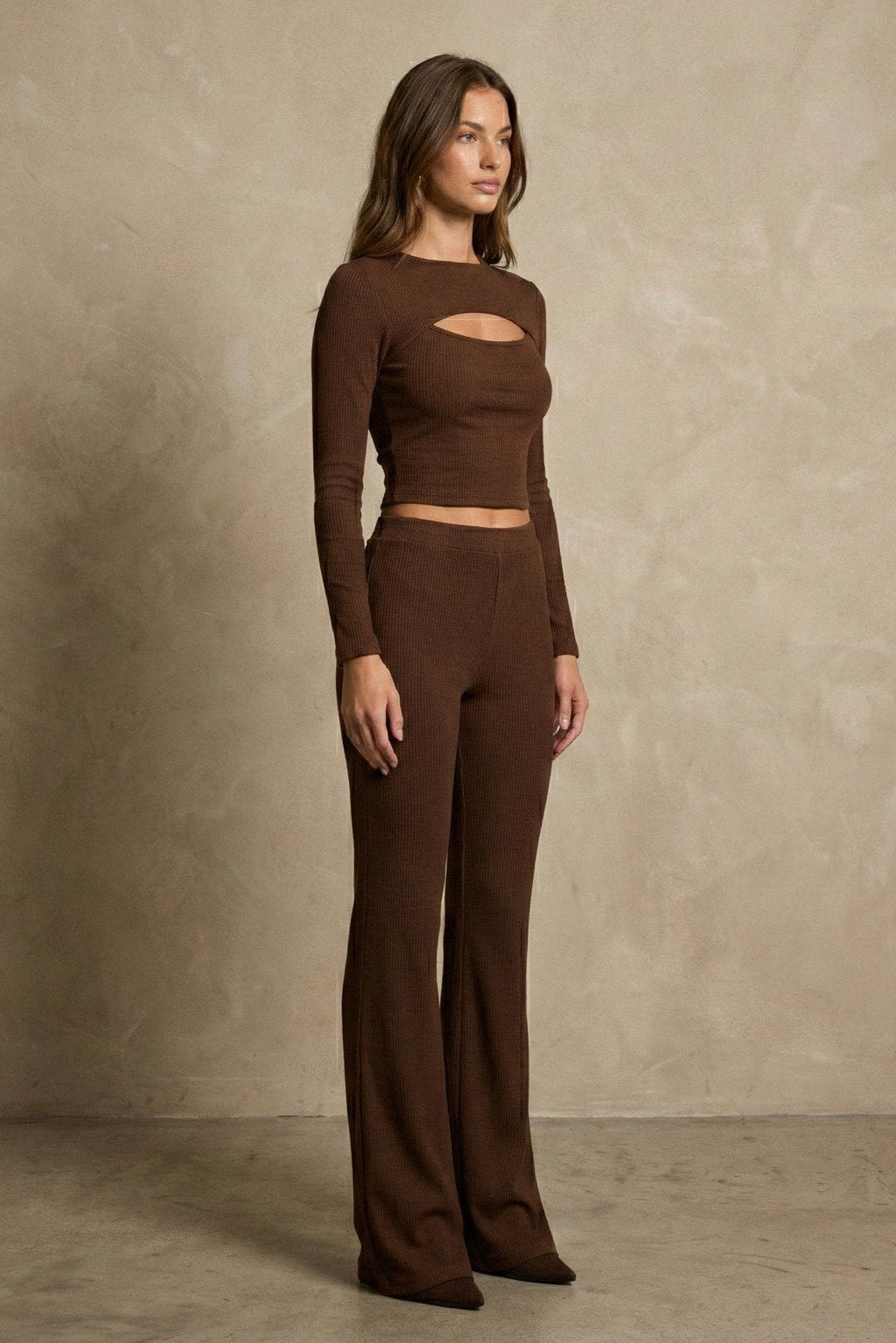 Kadın Uzun Kollu Dekolteli Rib Kumaş İki Parça Takım | QUEENDA