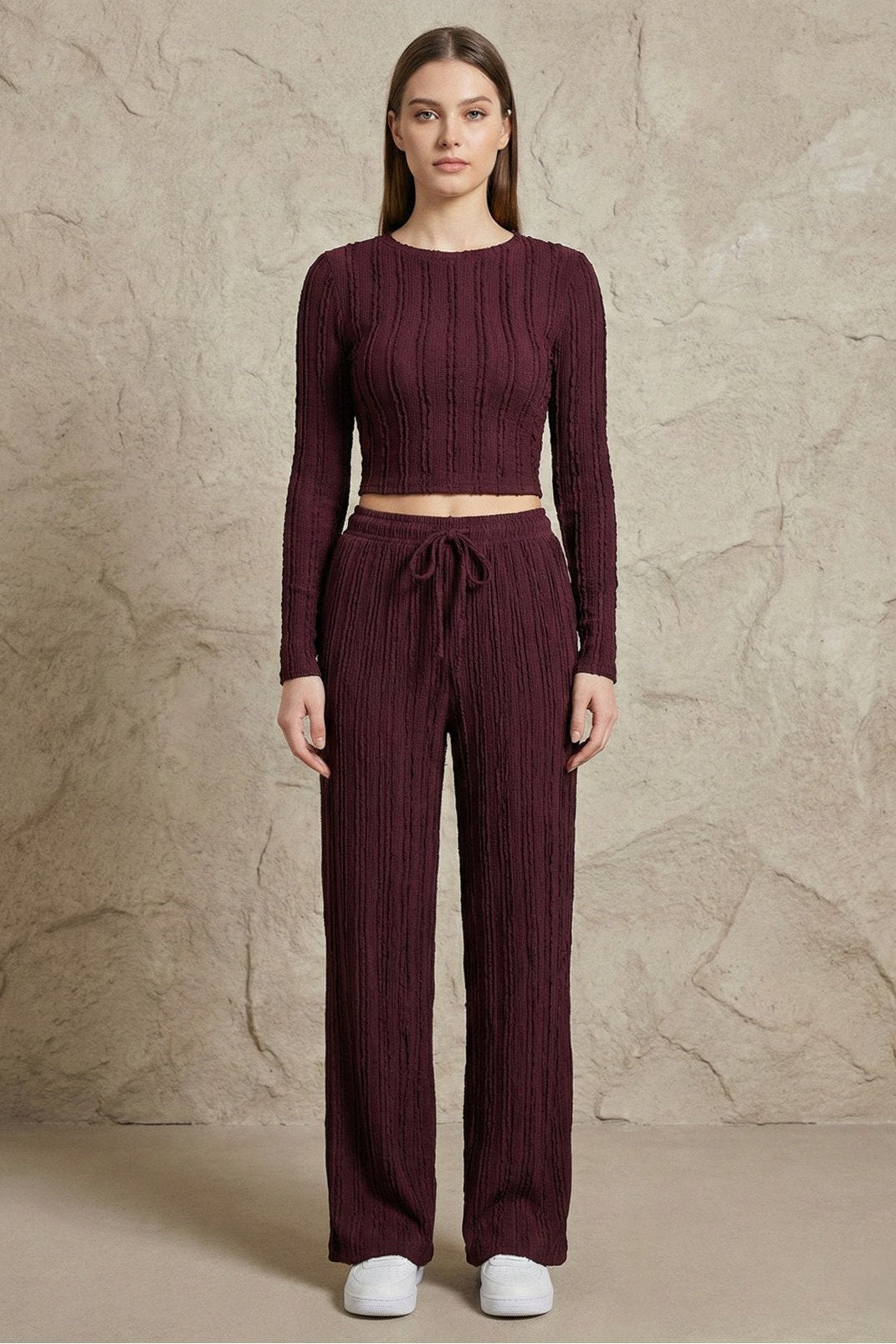 Kadın Fitilli Uzun Kollu Parmak Geçmeli Crop Üst & Geniş Paça Pantolon Takım | QUEENDA