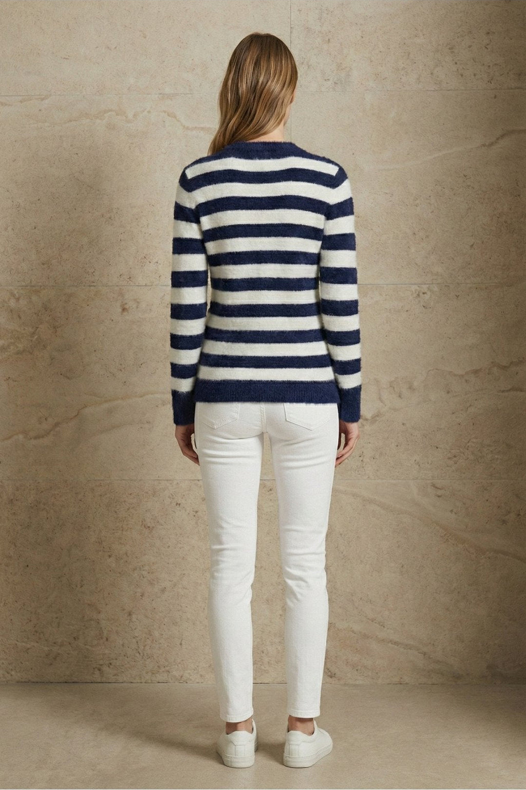 Kadın Çizgili Bisiklet Yaka Yumuşak Triko Kazak | QUEENDA