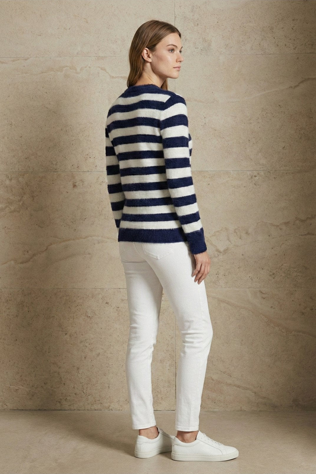 Kadın Çizgili Bisiklet Yaka Yumuşak Triko Kazak | QUEENDA