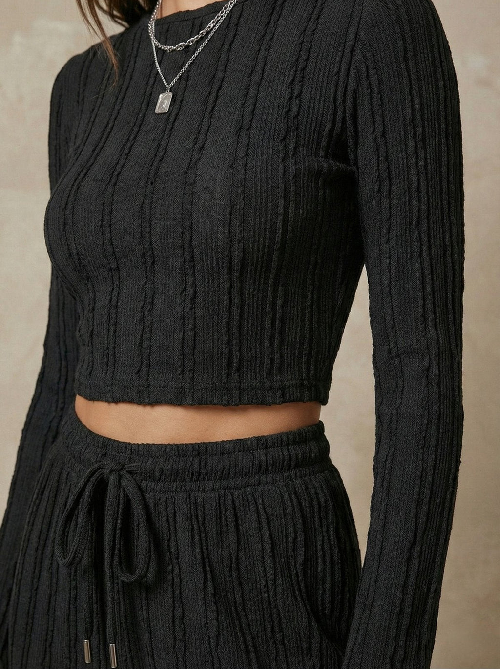 Kadın Fitilli Uzun Kollu Parmak Geçmeli Crop Üst & Geniş Paça Pantolon Takım | QUEENDA