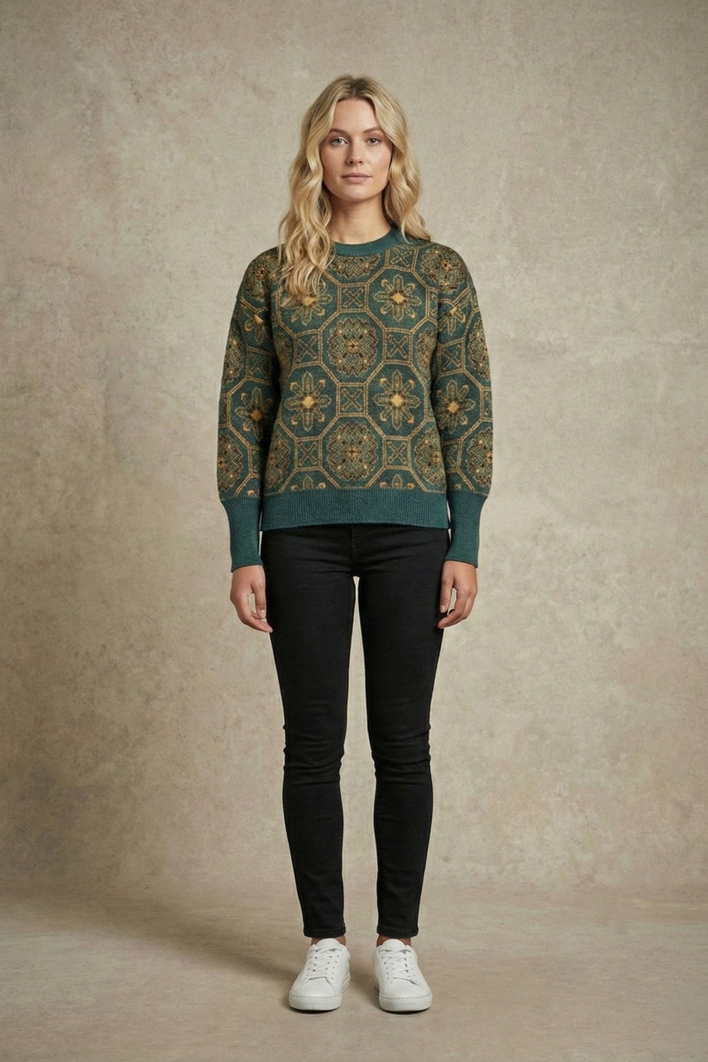 Kadın Retro Desenli Oversize Triko Kazak | QUEENDA