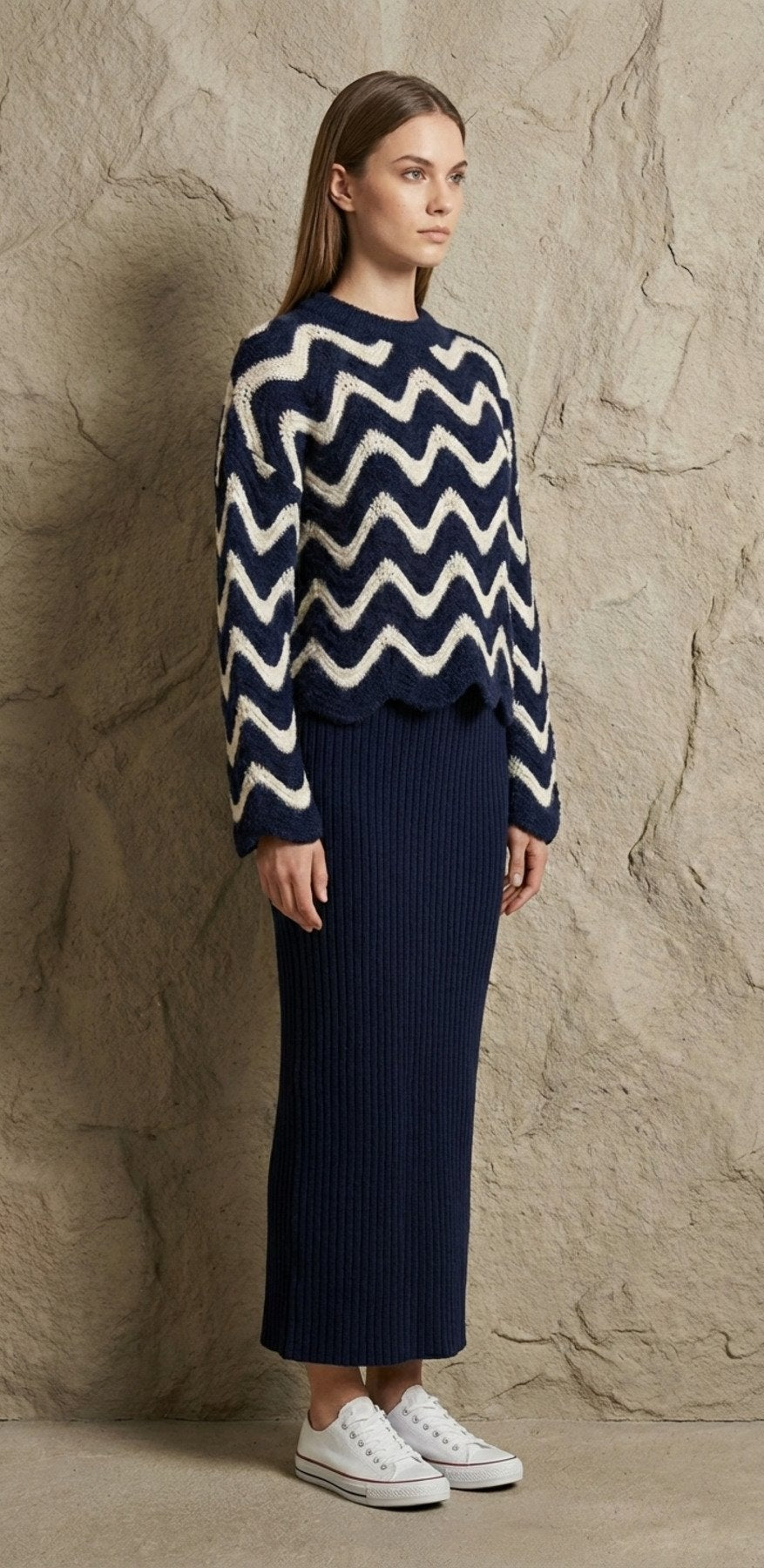 Dalgalı Desenli Triko Kazak ve Fitilli Askılı Midi Elbise İkili Takım | QUEENDA